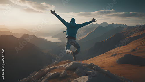 Successful hiker celebrating success - Happy man with arms up - Life style concept 
