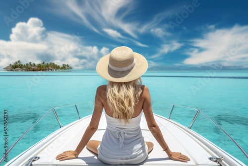 Beautiful blonde woman in bikini with hat on yacht