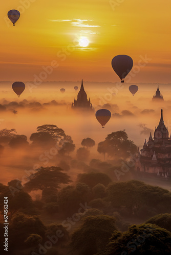 Mystical Sunrise Over Ancient Temples with Colorful Hot Air Balloons. ai generative