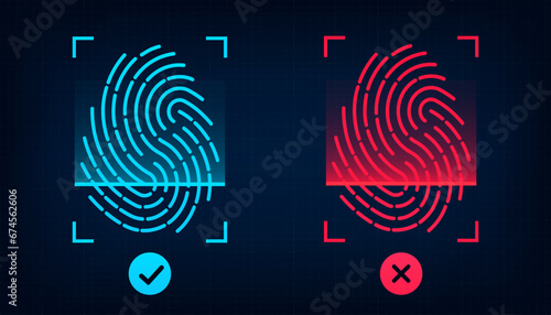 Electronic fingerprint scanning. Passed and failed authorization. Biometrics hi-tech technology with fingerprint scanning background. Business Security Concept. Vector illustration