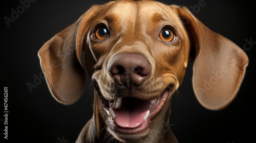 Happy dog ​​looks at the camera and shows intimate bonding against a black background. © senadesign