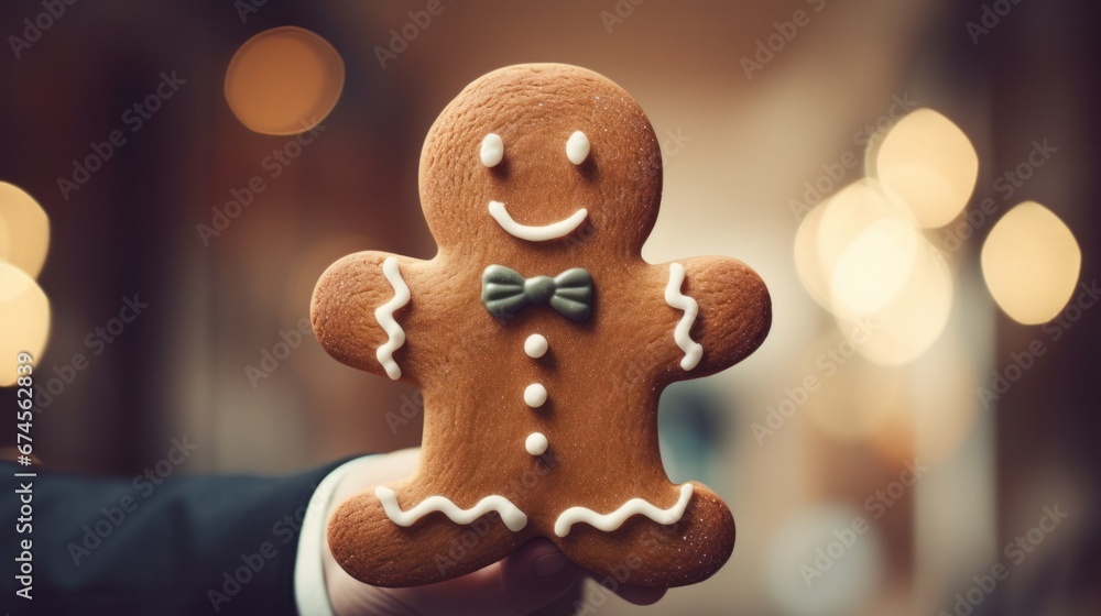 Man holding a gingerbread man with christmas decoration