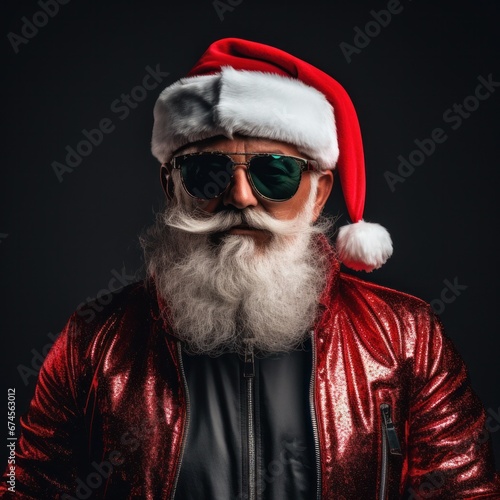 portrait of a santa claus in sunglasses and leather jacket