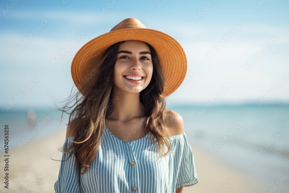 Portrait of a happy lady with beach hat at sand beach. Summer tropical vacation concept.