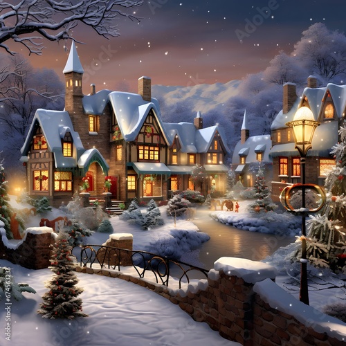 Christmas night in the village. Winter night in the village. Illustration