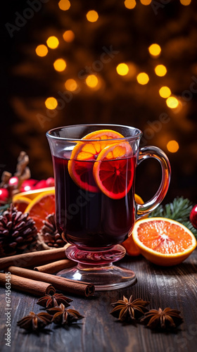 Mulled wine in a transparent glass on the background of a Christmas tree. Vertical New Year background.