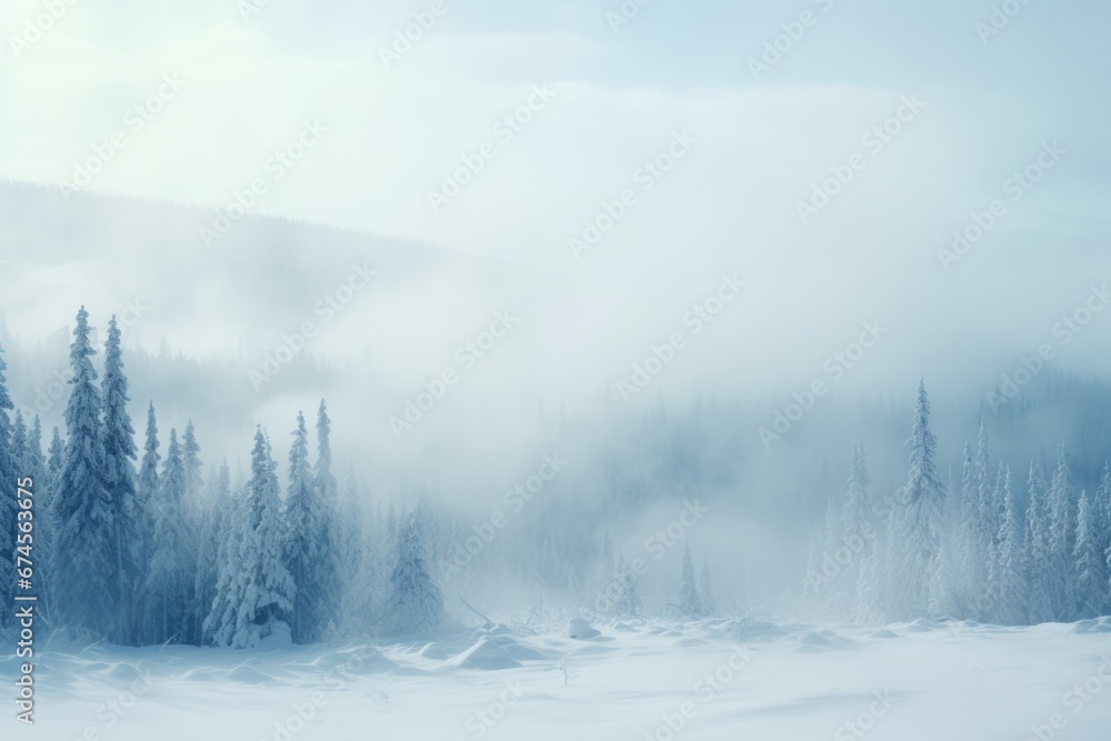 Fototapeta premium Foggy winter forest with snow. Winter seasonal concept.