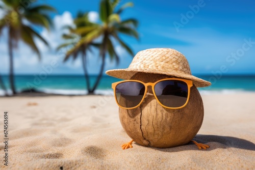 Coconut with sunglasses and beach hat placed on sand beach. Summer tropical vacation concept.