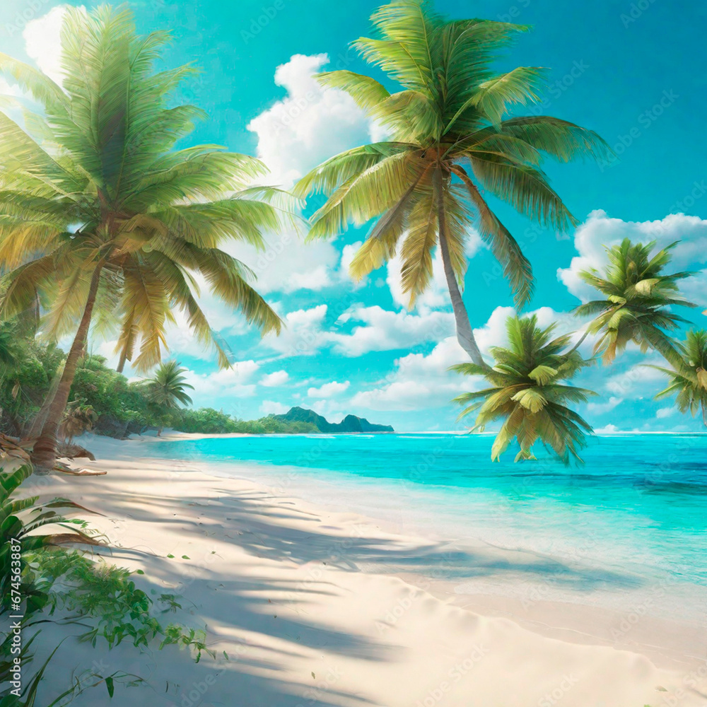 Tropical beach with palm trees, blue sky and white sand