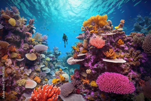 Colorful underwater world with a big variety of Sealife and a diver in tropical ocean © rabbit75_fot