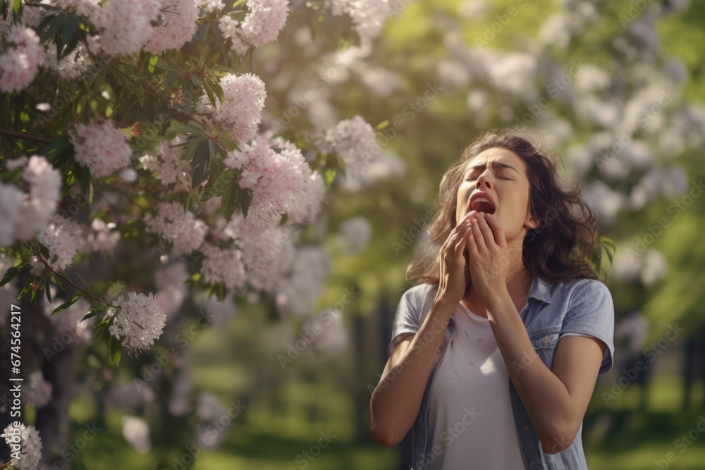 A female sneeze in a booming cherry blossom woods in Spring due to pollen allergy. Spring seasonal concept. A female sneeze in a booming cherry blossom woods in Spring due to pollen allergy. Spring seasonal concept.