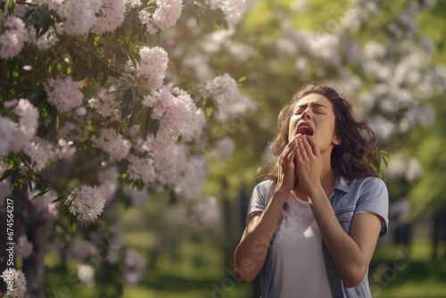 A female sneeze in a booming cherry blossom woods in Spring due to pollen allergy. Spring seasonal concept. photo