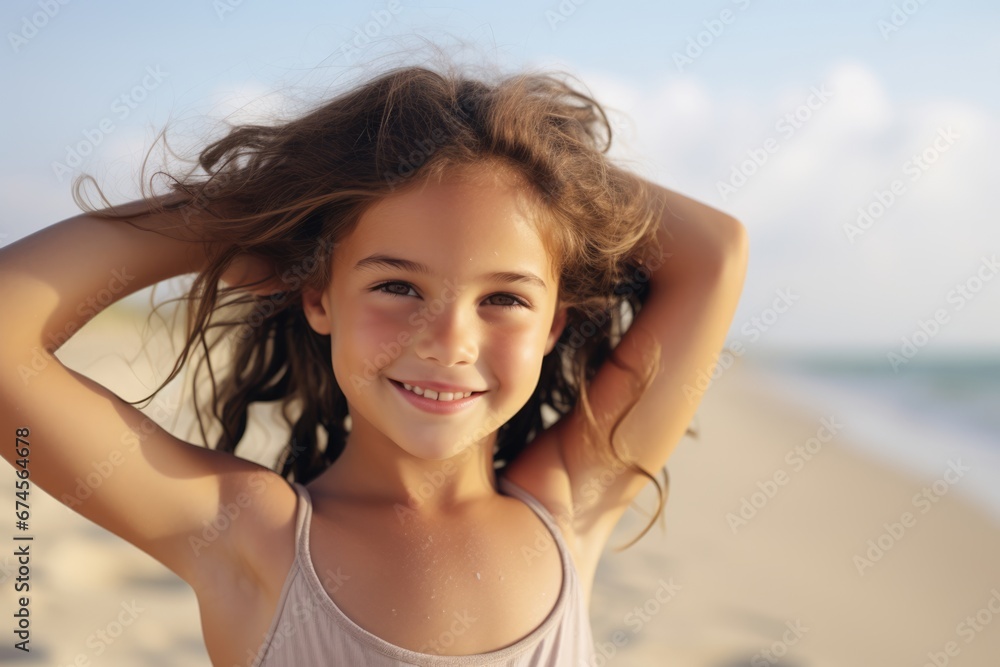 Portrait of a lovely young girl at beach. Summer tropical vacation concept.