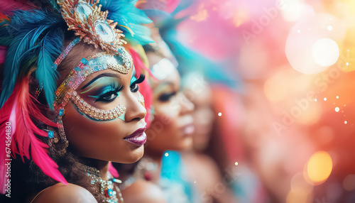 Portrait of a woman with makeup and feathers on her head, a participant in the Brazilian parade ,concept carnival