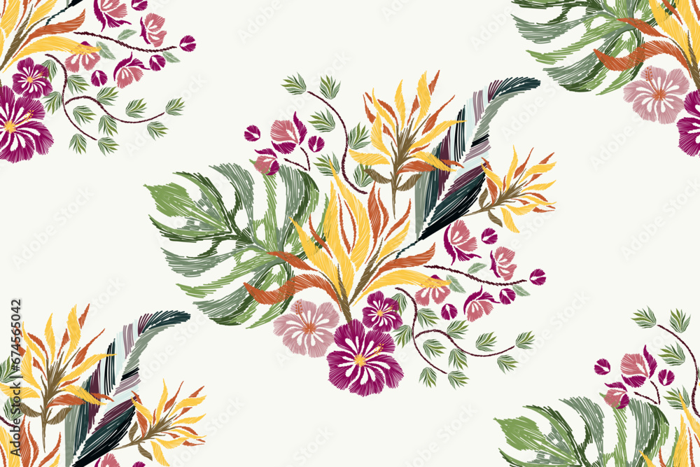 Tropical Floral pattern seamless flowers jungle background border embroidery Ikat vector illustration. Hand drawn bird of paradise heliconia hibiscus orchid and leaf. 