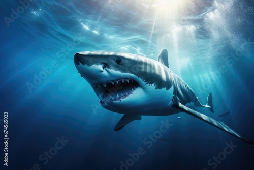 A shark swimming underwater in tropical ocean photo