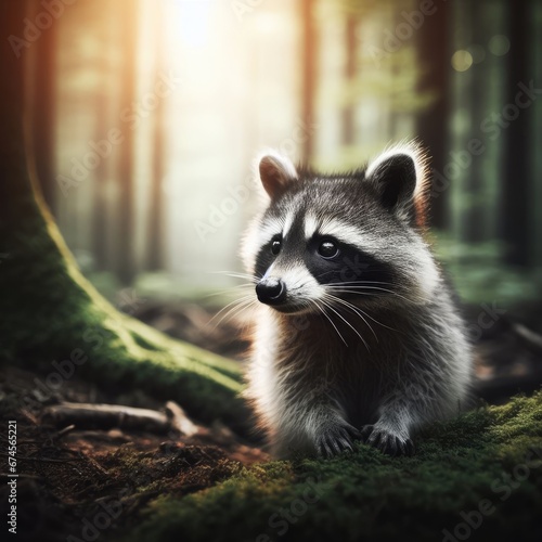 close up of a raccoon in the forest animal background for social media photo