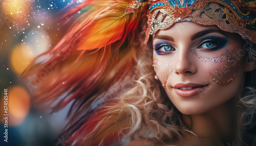European woman with feathers on her head and bright makeup ,concept carnival