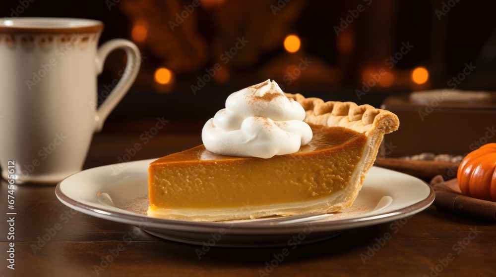 Slice of traditional pumpkin pie for Thanksgiving dinner, topped with whipped cream, generative Ai Slice of traditional pumpkin pie for Thanksgiving dinner, topped with whipped cream, generative Ai