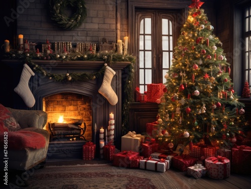 A cozy home with fireplace, Christmas tree and decorated for holiday season. Winter seasonal concept.