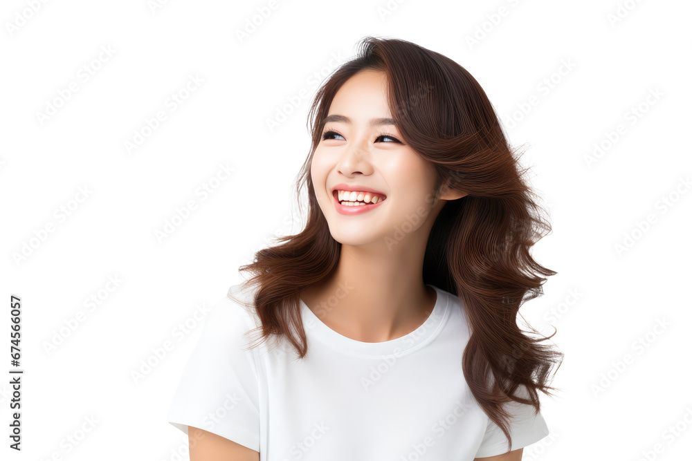 Studio portrait of a beautiful American woman with clean healthy skin isolated on transparent png background.