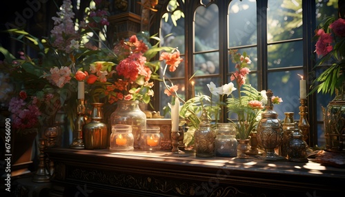 Flowers in a glass jar on the background of the window.