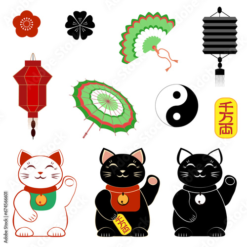 Japenese lucky cats Maneki Neco, Yin-Yang sign, lanterns, fan, umbrella and card with japenese traditinal wish for wealth. Vector illustration photo