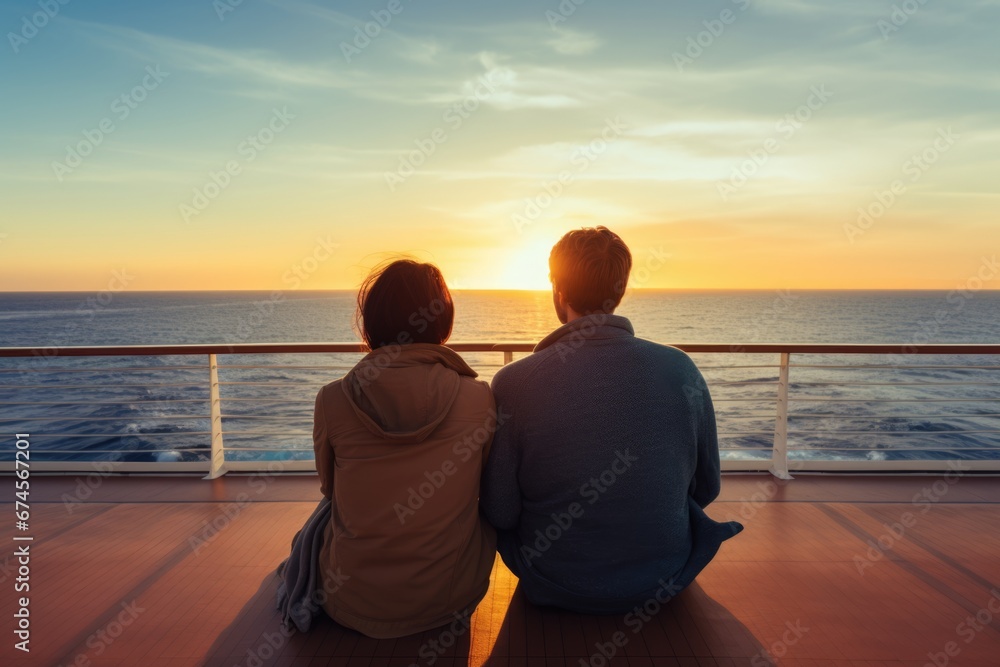 Back view of a couple sit on a cruise ship watching sunrise together. Vacation travel concept. Back view of a couple sit on a cruise ship watching sunrise together. Vacation travel concept.