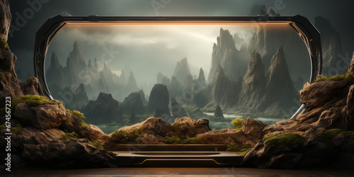 Wooden podium display with frame and rocks. Background for perfume, cosmetic products or food on wooden floor with mountains. 