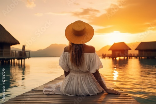 Lovely graceful lady sit in a luxury resort at sunset with beautiful seascape. Summer tropical vacation concept.