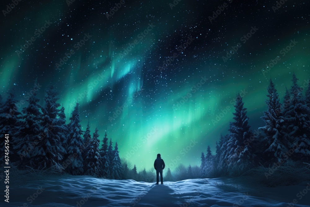 Man stand in front of beautiful Northern light in wild field in winter covered by heavy snow and ice. Winter seasonal concept.