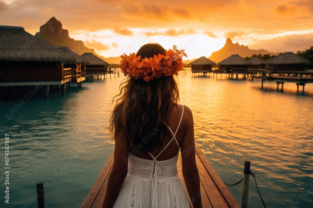 Lovely graceful lady in long skirt at sunset in a luxury resort with beautiful seascape. Summer tropical vacation concept. - obrazy, fototapety, plakaty 