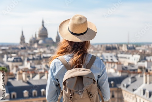 Back view of a female traveler in historical city street. Vacation travel concept.