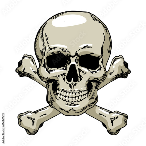 Skull with bones hand drawn engraving sketch style. Pirate symbol Jolly Roger engraving vector illustration. Scratch board style imitation. Hand drawn image.