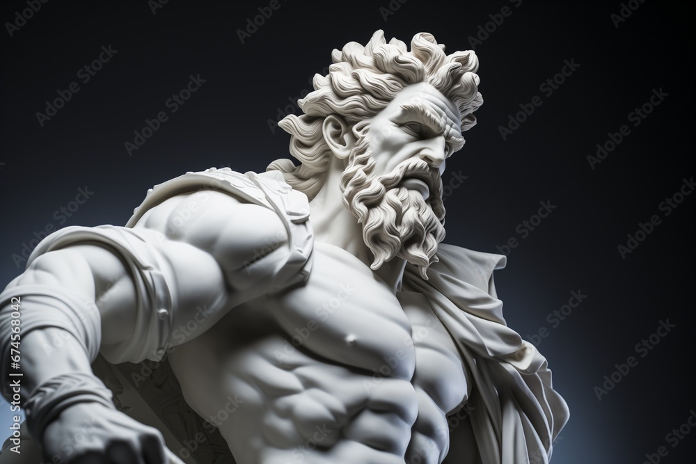 Sculpture of an ancient god. Statue, Roman art, plaster, God, deity, majestic, history, modeling, strength, man with beard, GYM, calcium, frown, severity, postcard, wallpaper, muscles, power