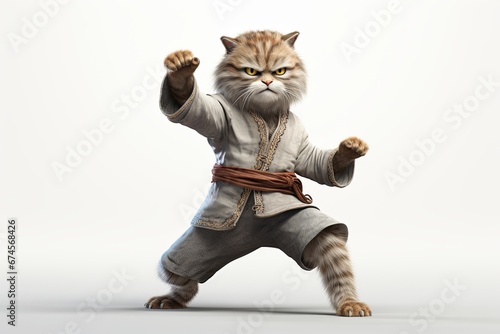 Cartoonish 3D image of kung fu cat on white background photo