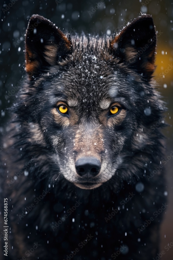 Closeup of a black wolf with yellow eyes on blurry winter background. Black canadian wolf in heavy snowfall. Banner with wild animal in nature habitat. Wildlife scene Closeup of a black wolf with yellow eyes on blurry winter background. Black canadian wolf in heavy snowfall. Banner with wild animal in nature habitat. Wildlife scene