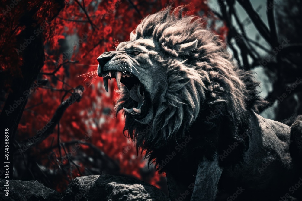 Roaring lion, infrared art. In the forest, side view Roaring lion, infrared art. In the forest, side view