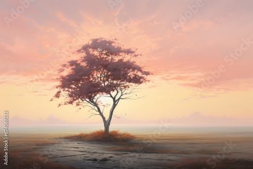 Serene landscape of a solitary tree against cloudy sky, majestic view, art