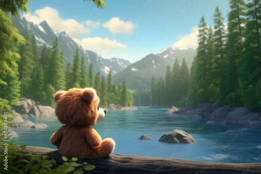 Small toy teddy bear sitting by the river with amazing nature landscape