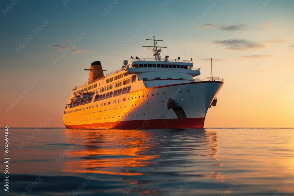 Luxury cruise ship in sea at sunset. Vacation travel concept.
