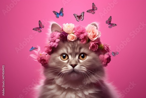 Beautiful cat wearing a crown of flowers and butterflies on pastel pink background. Cute animal with flower wreath and butterfly on his head. Spring female concept © ratatosk