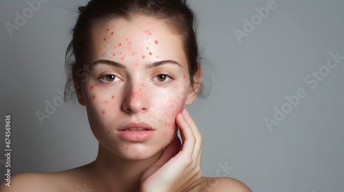 Young woman with acne skin condition on gray background