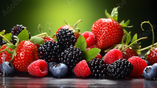 Fresh mixed berries with vibrant colors and green leaves on dark surface with green background