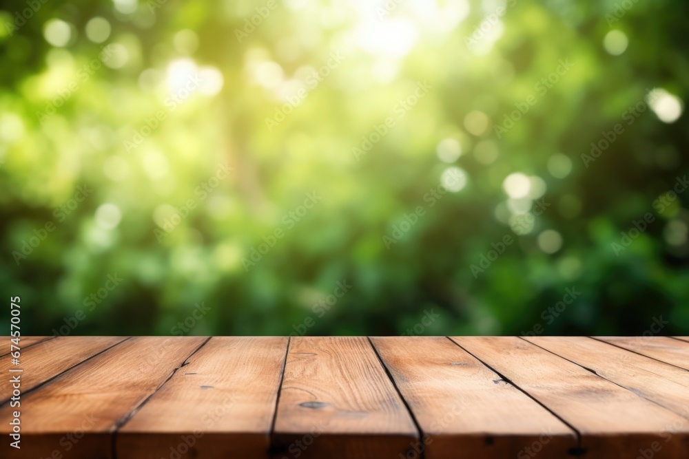 A wood table top with beautiful blue bokeh background. Spring seasonal concept.