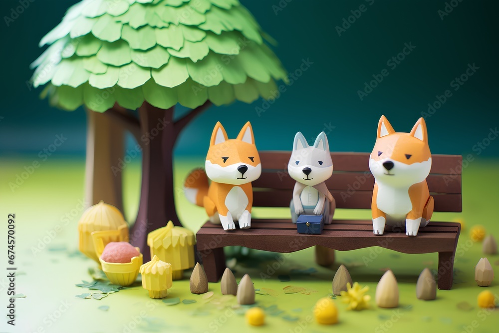 柴犬とベンチ(3D)春-1 柴犬とベンチ(3D)春-1