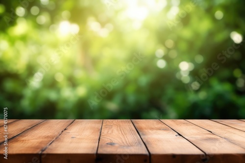 A wood table top with beautiful blue bokeh background. Spring seasonal concept.