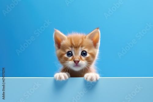 Cute orange cat curiously peeking over yellow background. Ginger kitten showing placard template. Banner about pets with copy space © ratatosk