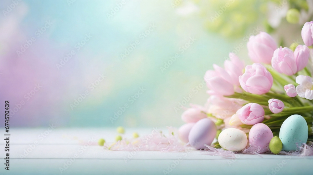 Spring holiday of Easter, soft pink tulip flowers, painted eggs, abstract light background, gentle calm colors, copy space. Spring holiday of Easter, soft pink tulip flowers, painted eggs, abstract light background, gentle calm colors, copy space.