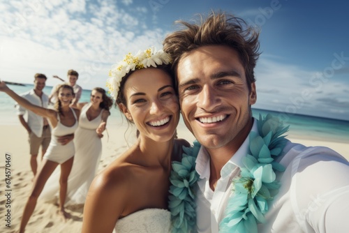 Happy people taking selfie at a beach party. Summer tropical vacation concept.